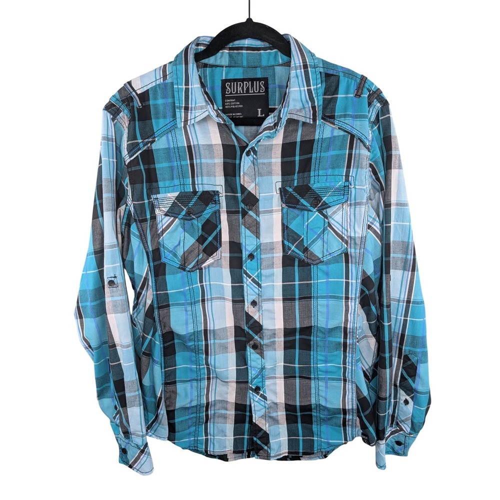 Surplus Mens Plaid Button Down Shirt Large Blue Teal‎ Black Western Long Sleeve